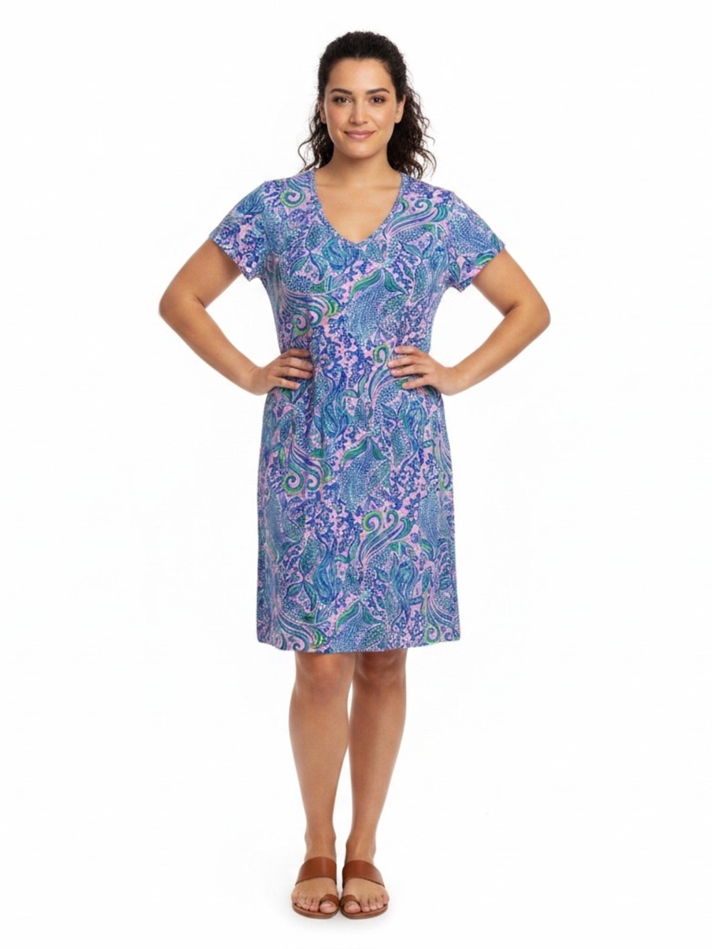 Lilly Pulitzer Etta We Mermaid It Dress V‑Neck Short Sleeve Relaxed Hem Sz M EUC